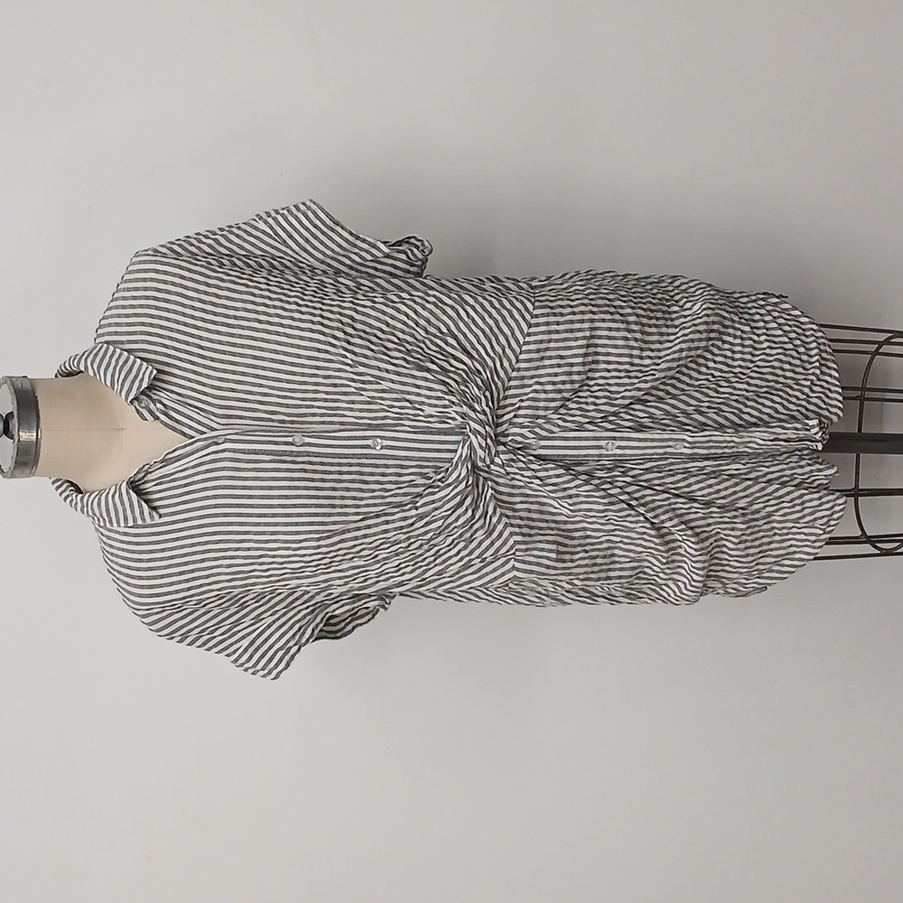 Mustard Seed Grey & White Stripe Button up Shirt Dress with Knot Detail / Size S